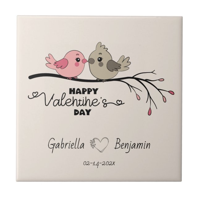 Cute Tecknad Lovebird på gren Valentindagen Kakelplatta (Framsidan)
