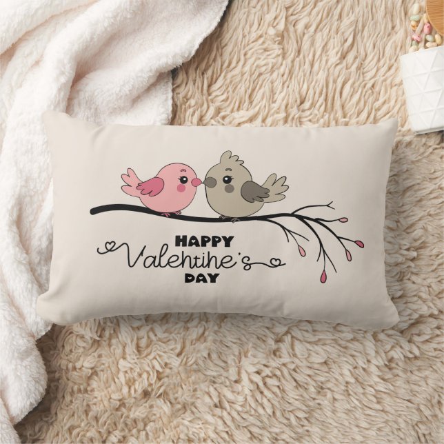 Cute Tecknad Lovebird på gren Valentindagen Lumbarkudde (Filt)