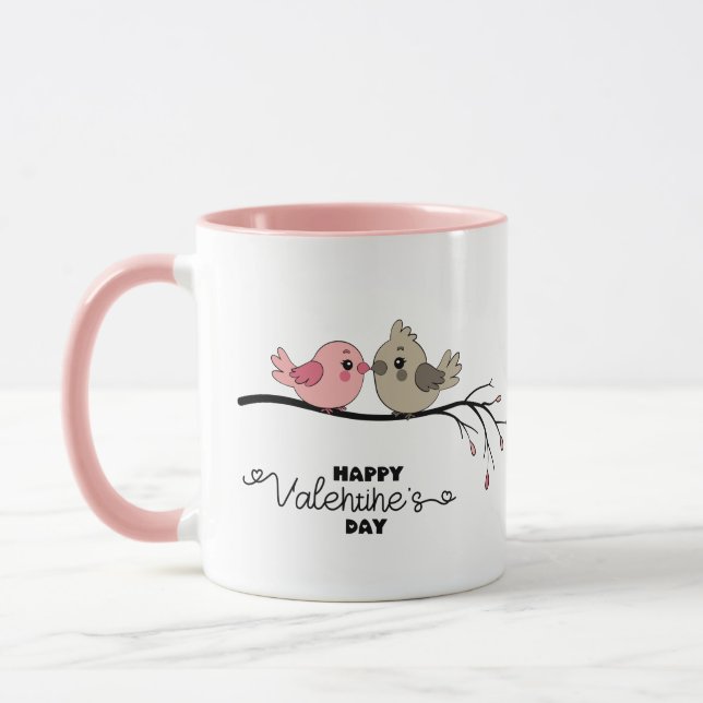 Cute Tecknad Lovebird på gren Valentindagen Mugg (Vänster)