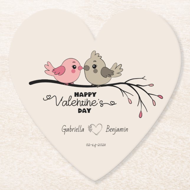 Cute Tecknad Lovebird på gren Valentindagen Underlägg Papper (Framsida)