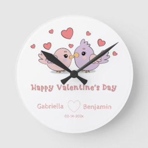 Cute Tecknad Lovebird Rosa Heart Valentine Day Rund Klocka