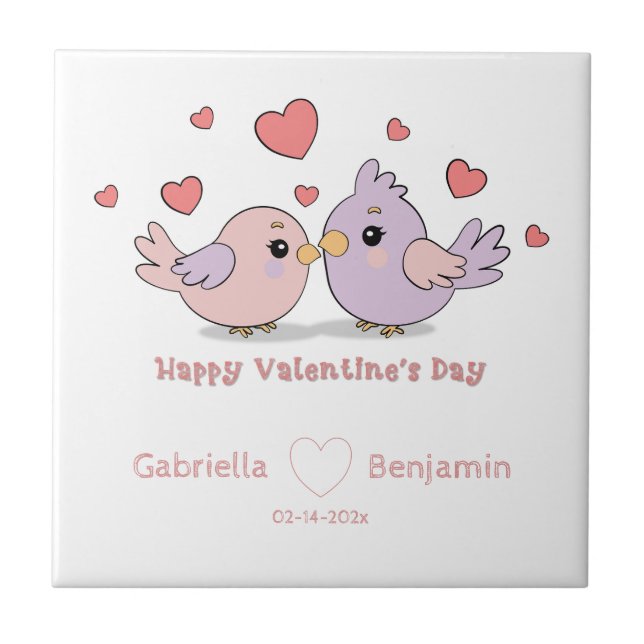 Cute Tecknad Lovebird Rosa Hearts Valentine Day Kakelplatta (Framsidan)