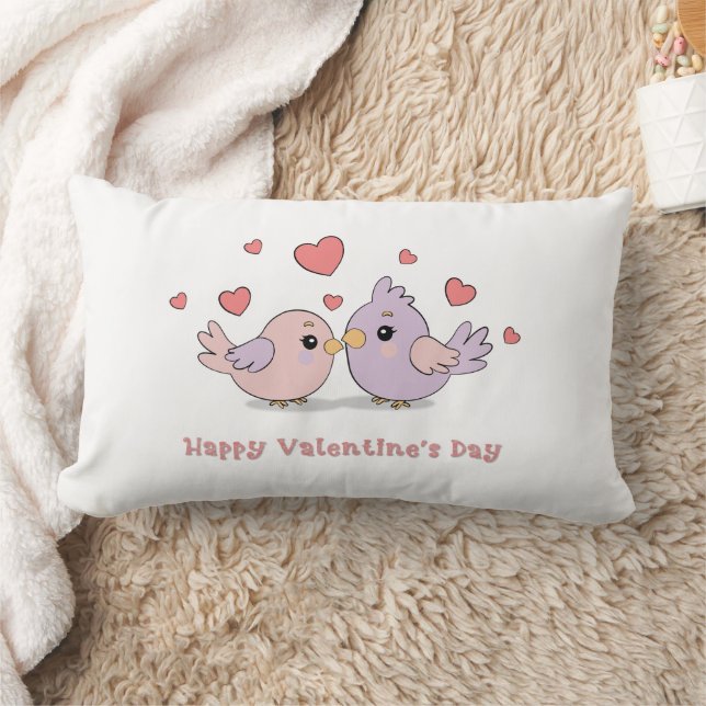 Cute Tecknad Lovebird Rosa Hearts Valentine Day Lumbarkudde (Filt)