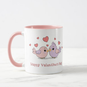 Cute Tecknad Lovebird Rosa Hearts Valentine Day Mugg