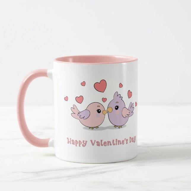 Cute Tecknad Lovebird Rosa Hearts Valentine Day Mugg (Vänster)