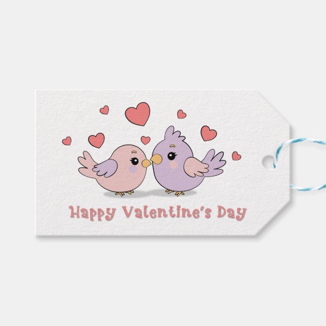 Cute Tecknad Lovebird Rosa Hearts Valentine Day Presentetikett (Framsidan (Horisontell))
