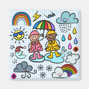 Cute Tecknad Lycklig Kids Weather Doodles Magnet