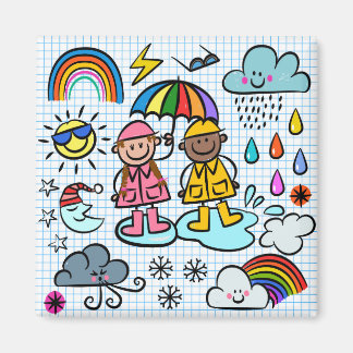 Cute Tecknad Lycklig Kids Weather Doodles Magnet