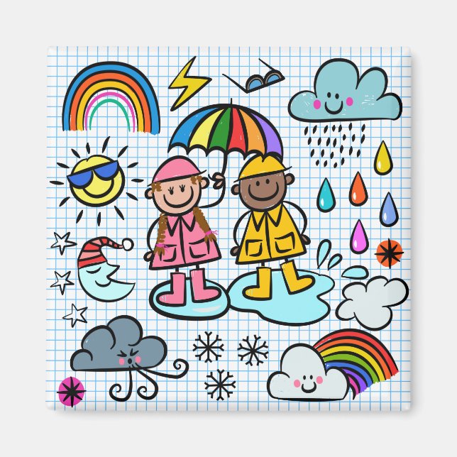 Cute Tecknad Lycklig Kids Weather Doodles Magnet (Framsidan)