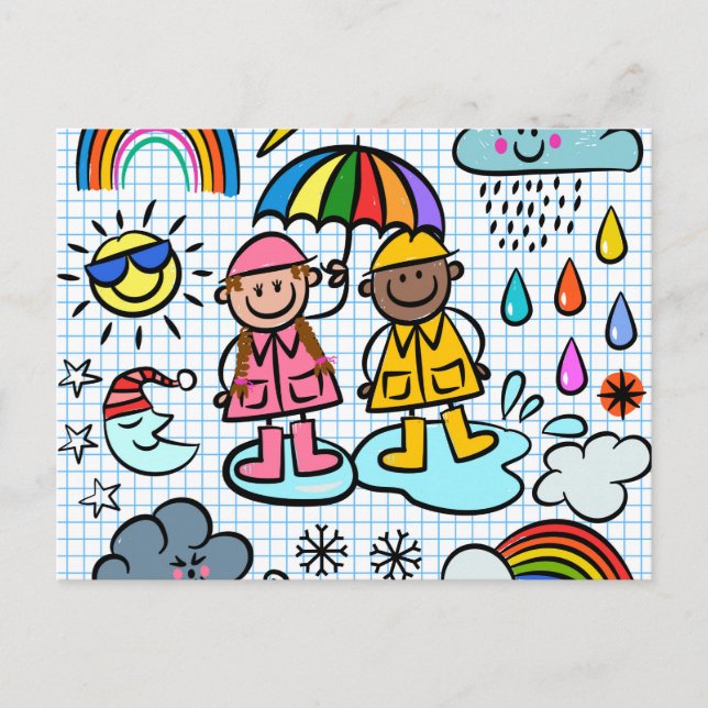 Cute Tecknad Lycklig Kids Weather Doodles Vykort (Framsida)