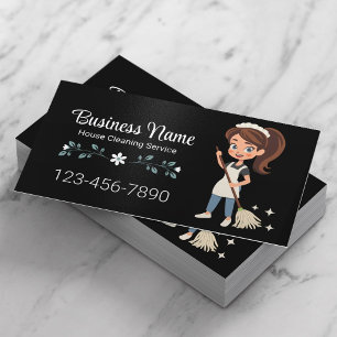 Cute Tecknad Maid House Städning Service Black Visitkort