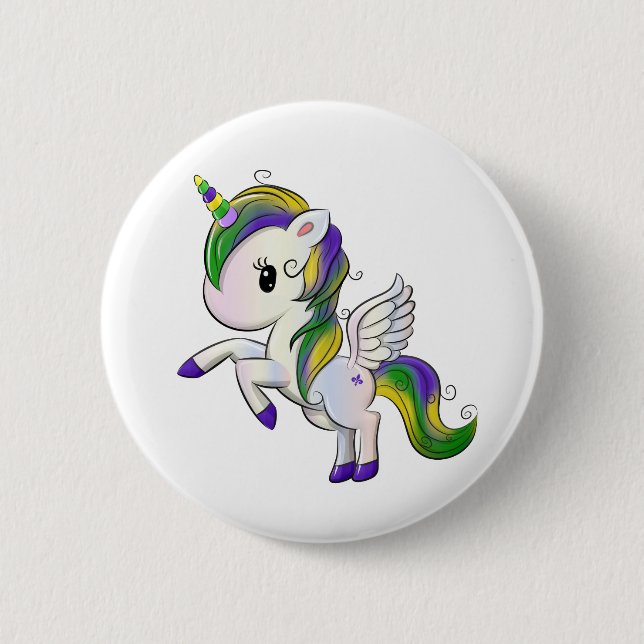 Cute Tecknad Mardi Gras Unicorn Pegasus Knapp (Framsida)
