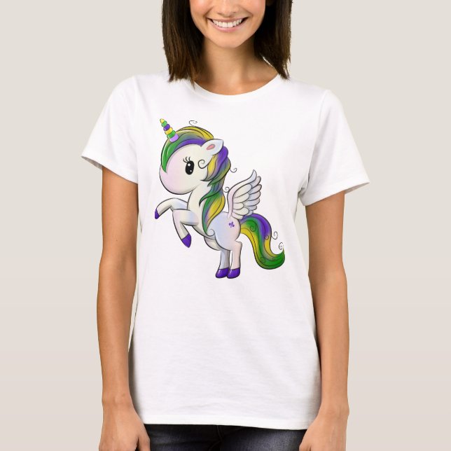 Cute Tecknad Mardi Gras Unicorn Pegasus T Shirt (Framsida)