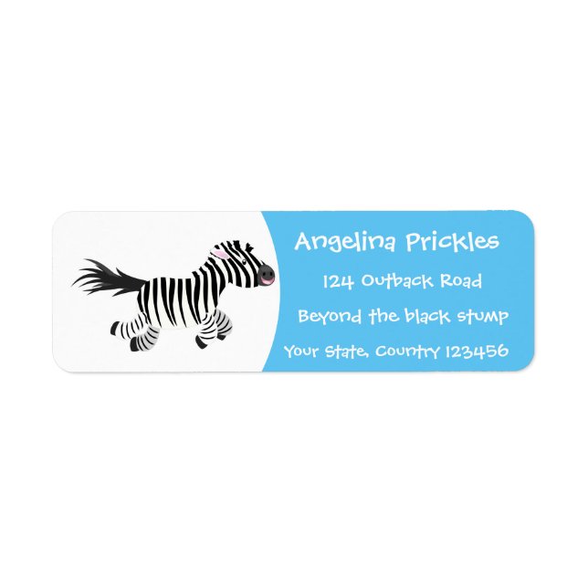 Cute-tecknad med lustig zebra-körning returadress etikett (Framsidan)