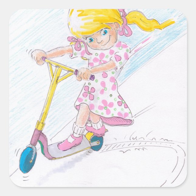 Cute Tecknad Microscooter Girl Micro Scooter Fyrkantigt Klistermärke (Framsida)