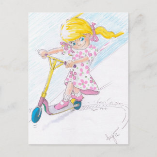 Cute Tecknad Microscooter Girl Micro Scooter Vykort