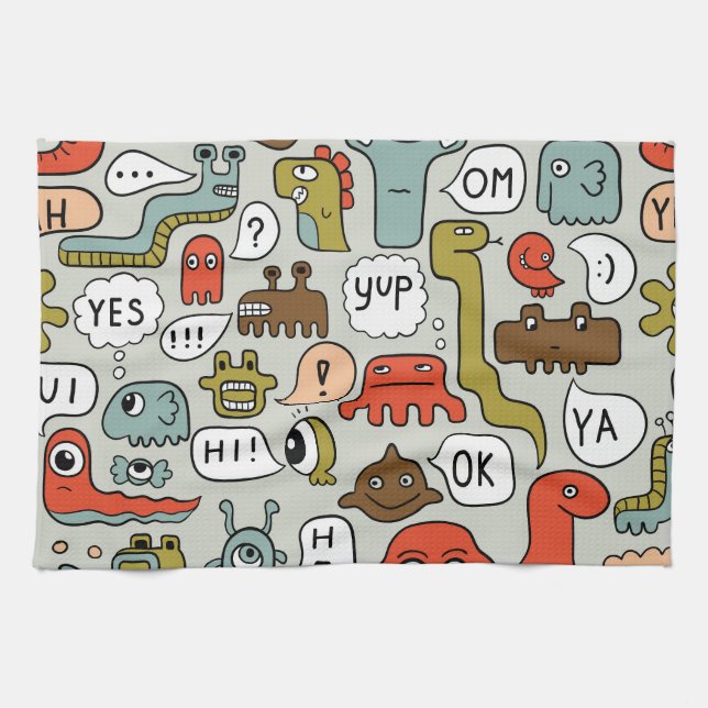 Cute Tecknad Monsters: Sömlös bakgrund Kökshandduk (Horisontell)