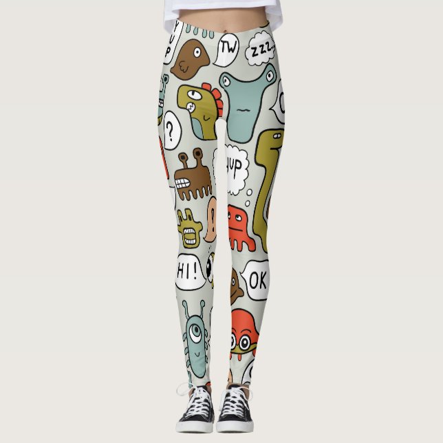Cute Tecknad Monsters: Sömlös bakgrund Leggings (Framsida)