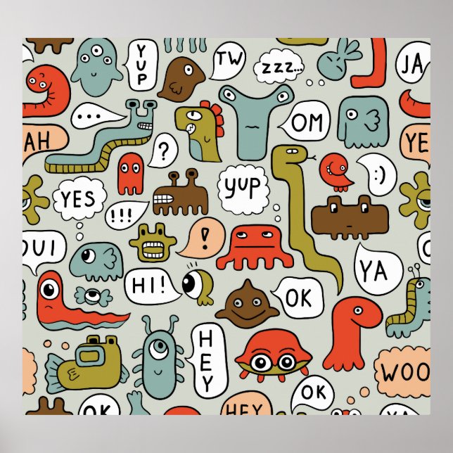 Cute Tecknad Monsters: Sömlös bakgrund Poster (Framsidan)