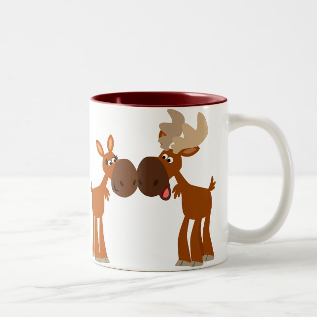 Cute Tecknad Moose Couple i Kärlek Mugg (Höger)