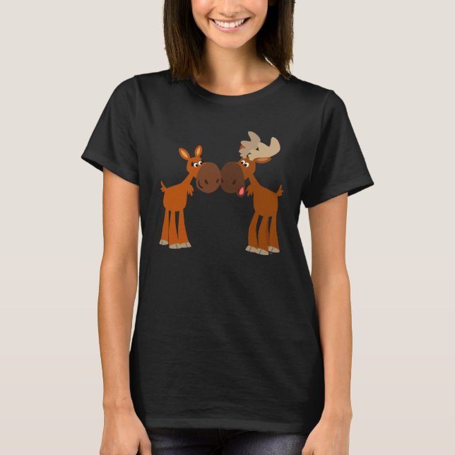 Cute Tecknad Moose Couple i Kärlek Women T-Shirt (Framsida)