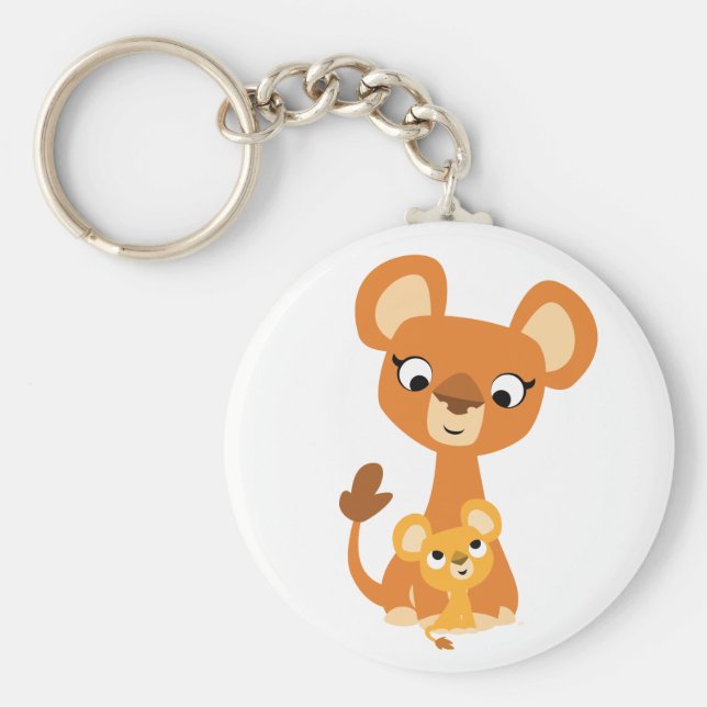Cute Tecknad Mor Lioness och Unge Nyckelring (Framsidan)