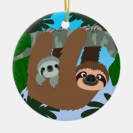 Cute Tecknad Mor Sloth och Baby Julgransprydnad Keramik