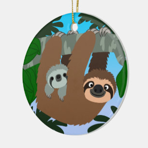 Cute Tecknad Mor Sloth och Baby Julgransprydnad Keramik