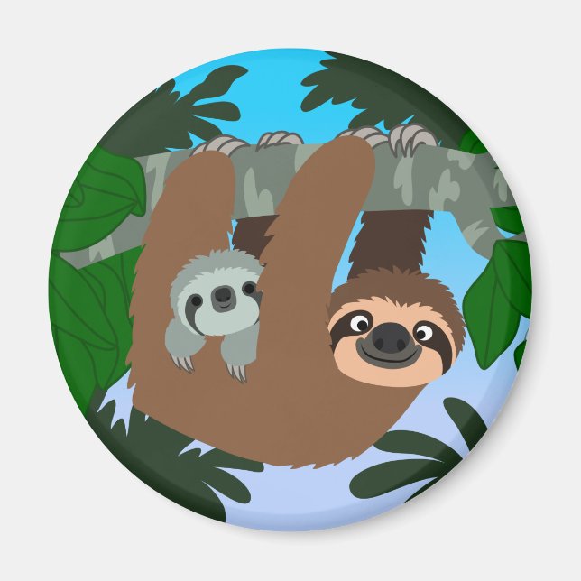 Cute Tecknad Mor Sloth och Baby Magnet (Framsidan)
