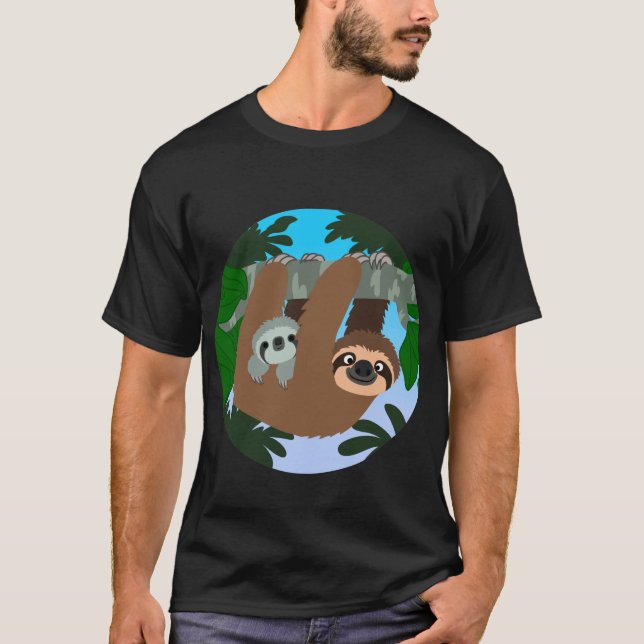 Cute Tecknad Mor Sloth och Baby T-Shirt (Framsida)