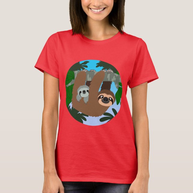 Cute Tecknad Mor Sloth och Baby Women T-Shirt (Framsida)