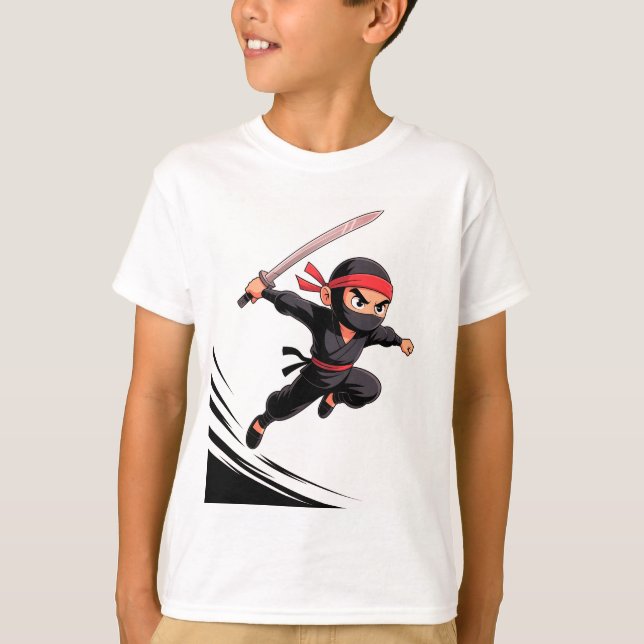 Cute Tecknad Ninja Boy med Sword - Action Pose T Shirt (Framsida)