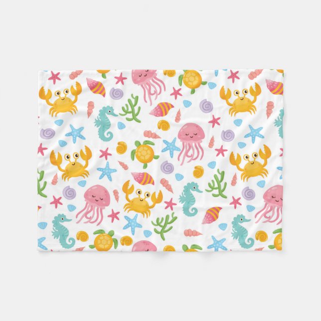 Cute Tecknad Ocean Sea Seashell, Starfish Summer Fleecefilt (Framsidan (Horisontell))