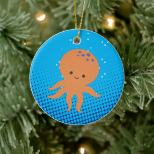 Cute Tecknad Octopus Blue Ocean Julgransprydnad Keramik