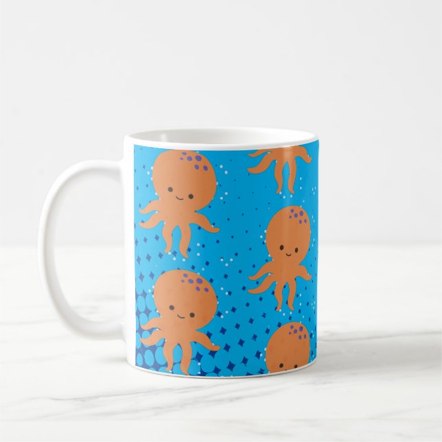 Cute Tecknad Octopus Blue Ocean Kaffemugg (Vänster)