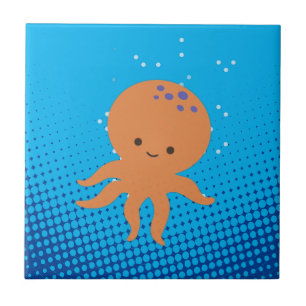 Cute Tecknad Octopus Blue Ocean Kakelplatta