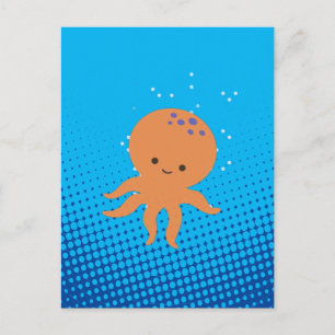 Cute Tecknad Octopus Blue Ocean Vykort