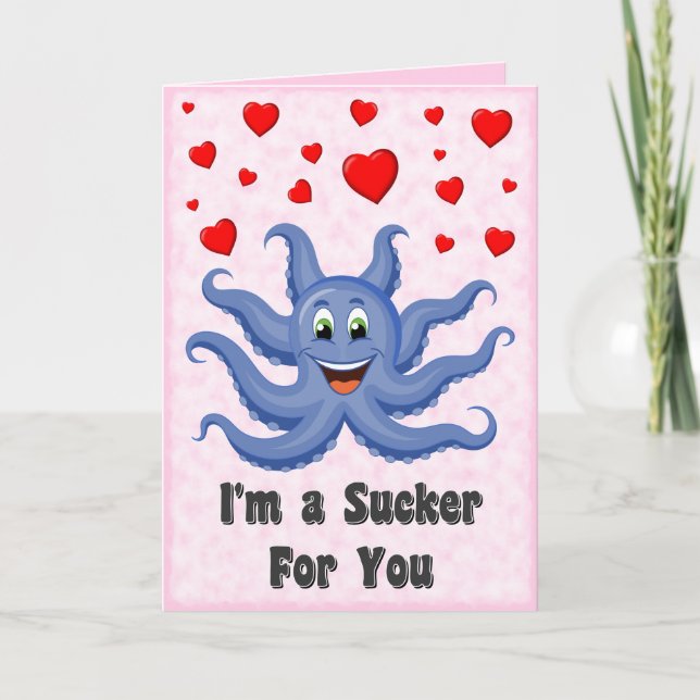 Cute Tecknad Octopus Hearts Funny Valentines day Helgkort (Framsida)