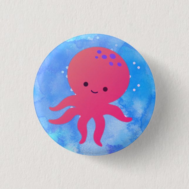 Cute Tecknad Octopus i blått havsvatten Knapp (Framsida)