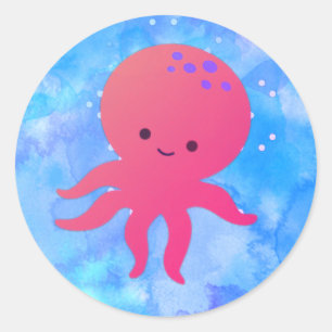 Cute Tecknad Octopus i blått havsvatten Runt Klistermärke