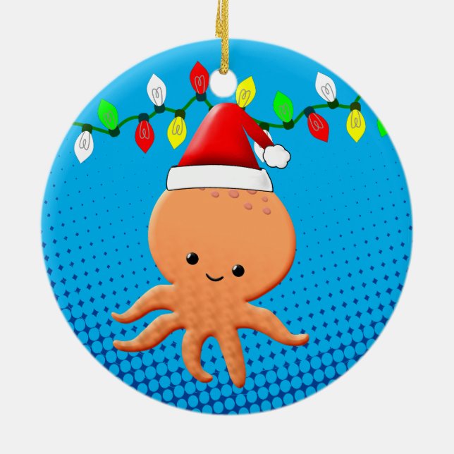 Cute Tecknad Octopus Santa Hat jul Ljus Julgransprydnad Keramik (Baksidan)