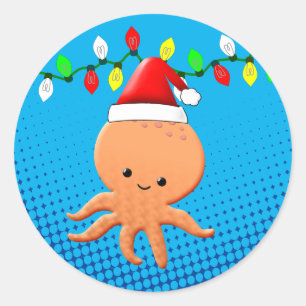 Cute Tecknad Octopus Santa Hat jul Ljus Runt Klistermärke