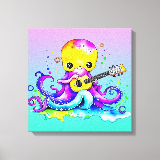 Cute Tecknad Octopus som spelar Guitar Canvastryck (Framsida)