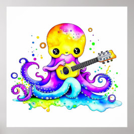 Cute Tecknad Octopus som spelar Guitar Poster