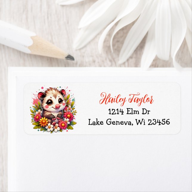Cute Tecknad Opossum och Flowers Rosa Returadress Etikett (Insitu)