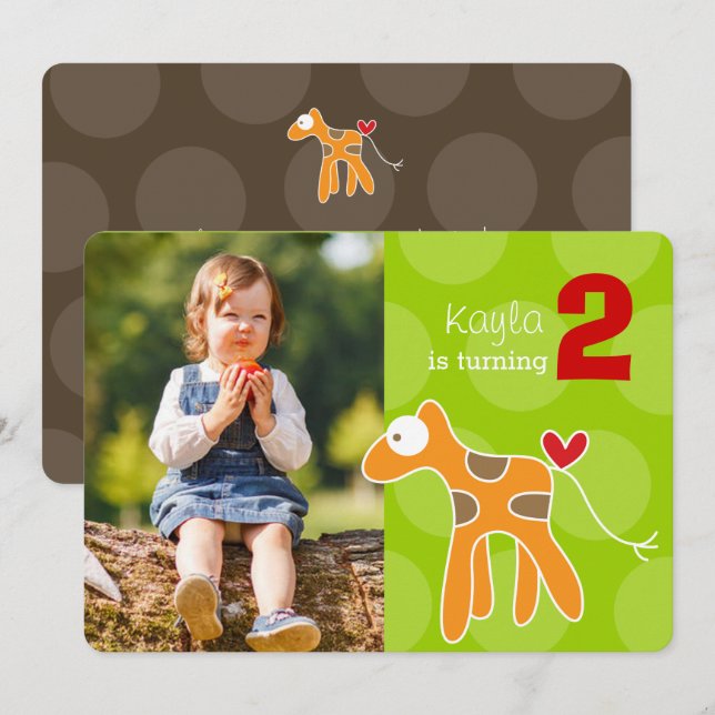 Cute Tecknad Orange Giraffe Photo Barn Birthday Inbjudningar (Fram/baksida)