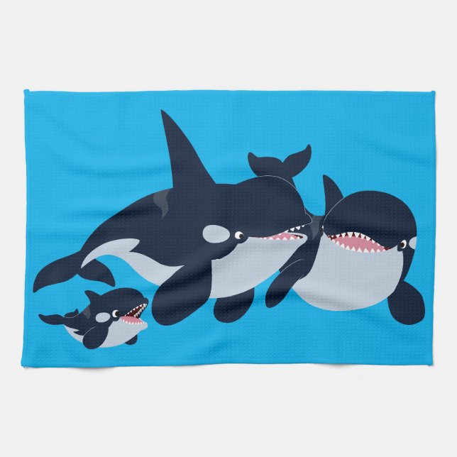 Cute Tecknad Orca Family Tea Towel Kökshandduk (Horisontell)
