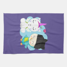 Cute Tecknad Pals - Lycklig Unicorn & Bird Kökshandduk