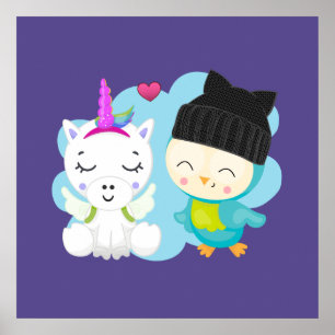 Cute Tecknad Pals - Lycklig Unicorn & Bird Poster