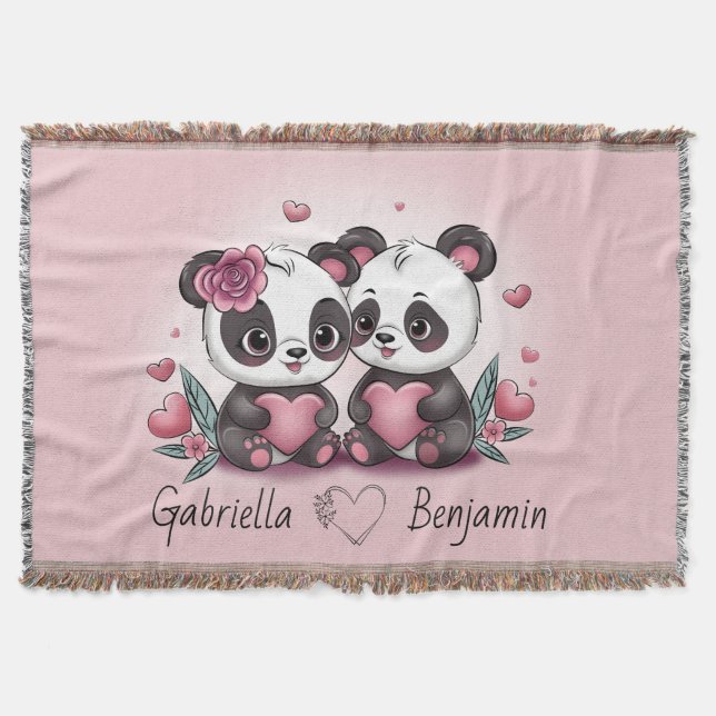Cute Tecknad Panda Älskare Heart Valentindagen Filt (Framsidan)